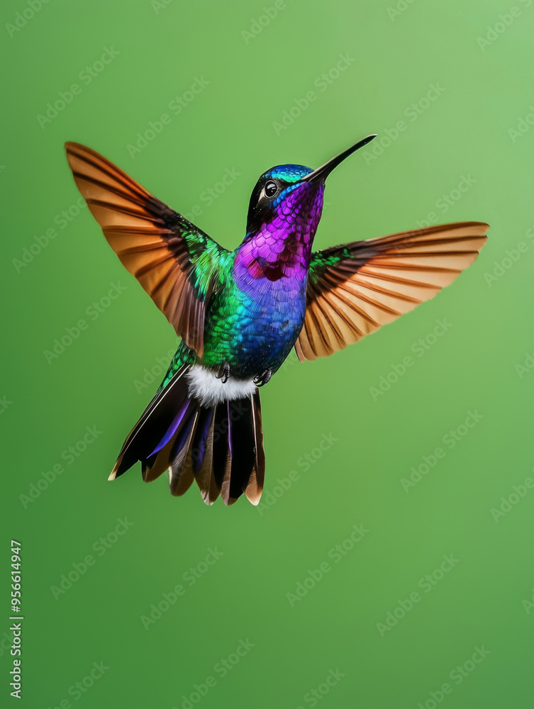 Obraz premium A hummingbird with a purple and blue tail is flying in the air