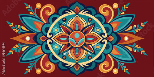 Colorful Floral Mandala with Swirls and Leaves