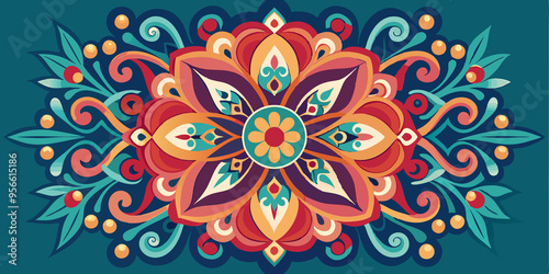 Colorful Abstract Floral Design with Swirls and Leaves