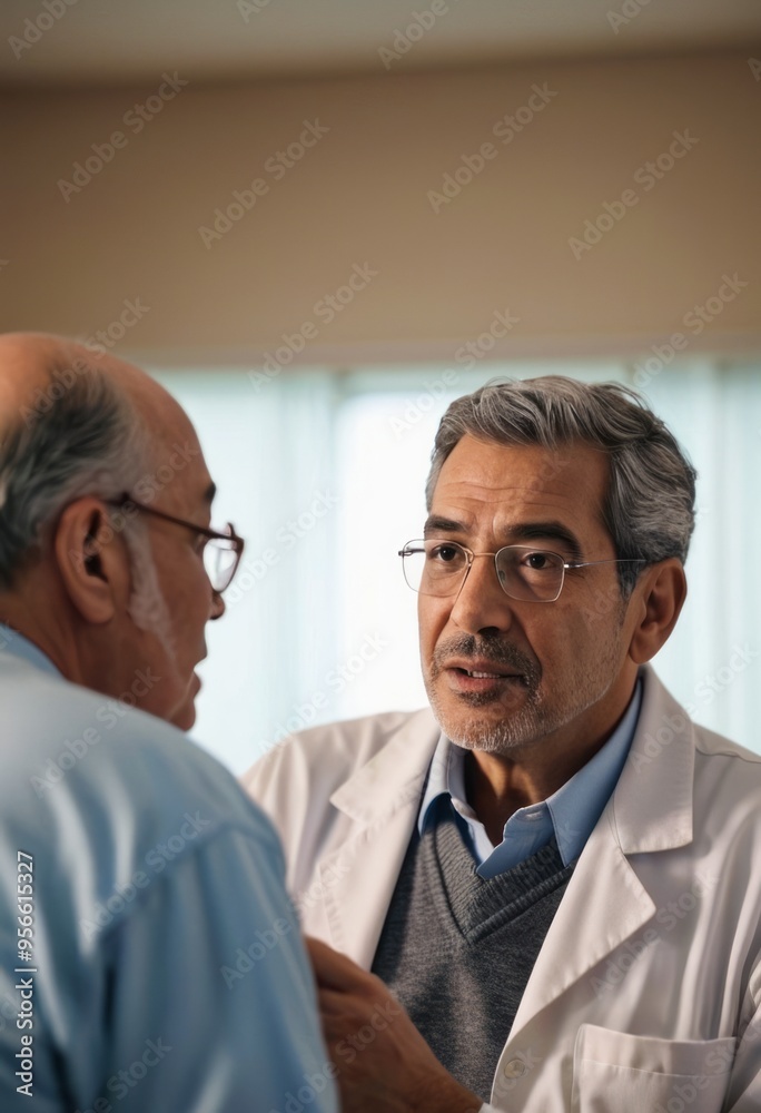 An older male doctor having a conversation with a patient in a clinical setting, focusing on patient care and medical advice. An older male doctor having a conversation with a patient in a clinical setting, focusing on patient care and medical advice.