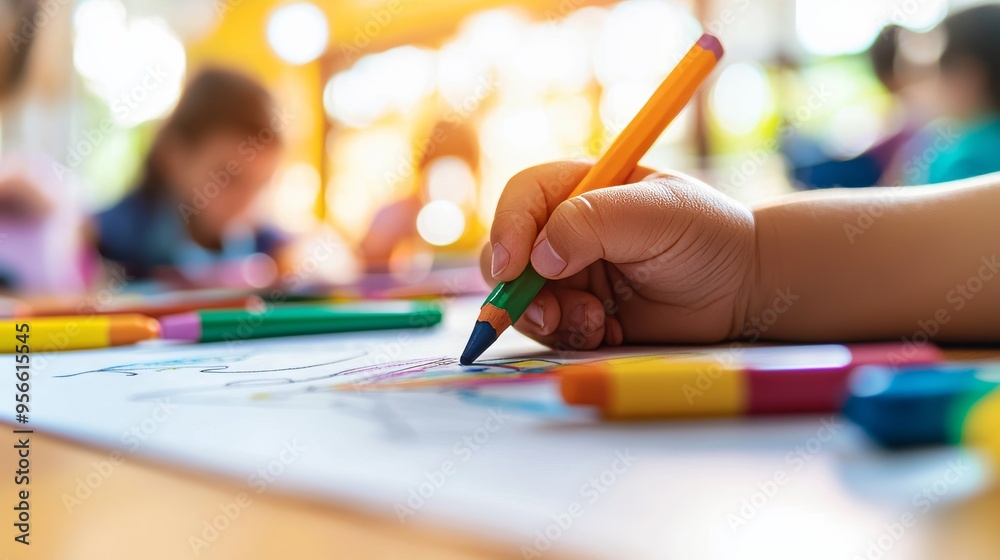 Close-up of a Child's Hand Coloring with Bright Crayons, Creative Art Activity in a Colorful Classroom Close-up of a Child's Hand Coloring with Bright Crayons, Creative Art Activity in a Colorful Classroom
