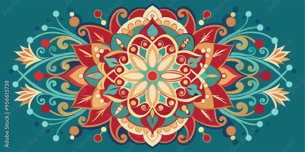 Ornamental Floral Design with Red, Yellow, and Blue Hues Ornamental Floral Design with Red, Yellow, and Blue Hues