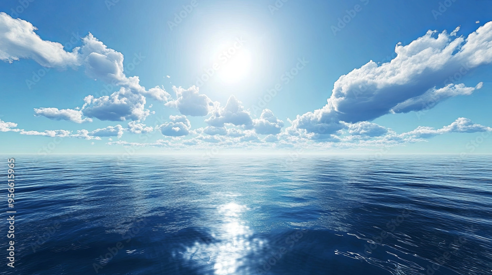 A panoramic view of the sky and sea at midday, with the sun high in the sky, casting a bright reflection on the water below. A panoramic view of the sky and sea at midday, with the sun high in the sky, casting a bright reflection on the water below.