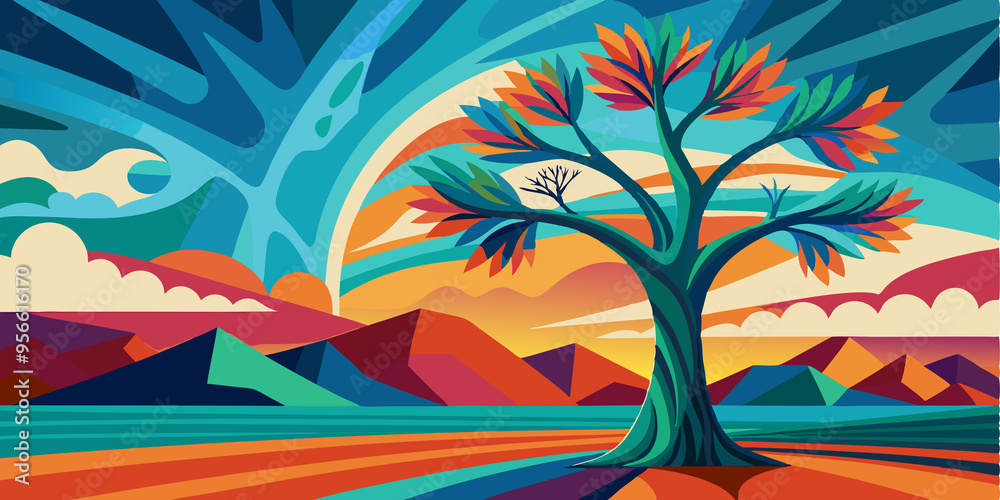 Obraz premium Abstract Landscape with a Tree and Mountains