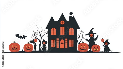 A Halloween night illustration with a haunted house and children in spooky costumes. The children are trick-or-treating around a group of pumpkins, each with a carved face, and the scene is isolated photo