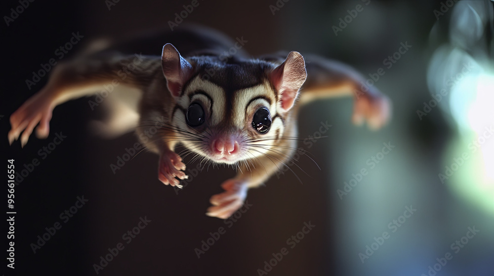 A playful sugar glider gliding through the air in a dimly lit room, with a blurred background to emphasize the movement. A playful sugar glider gliding through the air in a dimly lit room, with a blurred background to emphasize the movement.