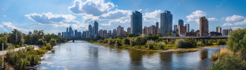 A thriving city skyline contrasting sharply with a polluted, dying river flowing through its center A thriving city skyline contrasting sharply with a polluted, dying river flowing through its center