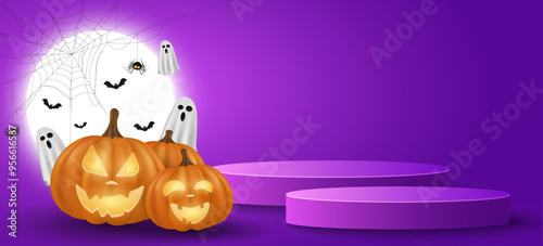Halloween podium to display your product. Cartoon pumpkin with evil smile and flying ghosts against the backdrop of a glowing full moon. Holiday 3d scene. Vector illustration.