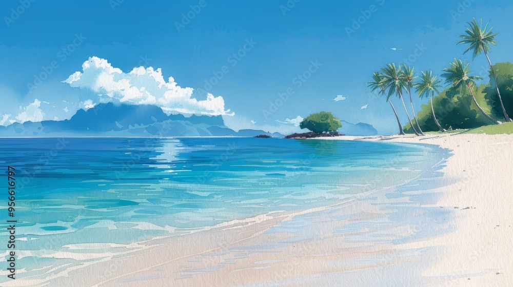 Fototapeta premium Idyllic Tropical Beach with Calm Blue Waters and Palm Trees