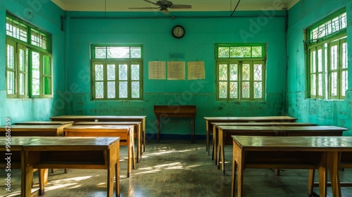 An empty classroom with desks, chairs, and a large window photo