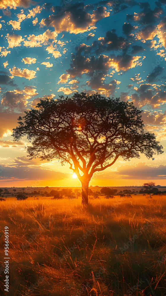 Fototapeta premium Sunrise over the savanna and grass fields in central Kruger National Park in South Africa