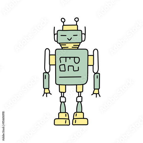 Cute robot in doodle style, childish, vector illustration