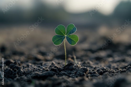 Close-up image of a single four-leaf clover standing alone in fertile ground, symbolizing luck and prosperity, captured with soft focused natural background. photo