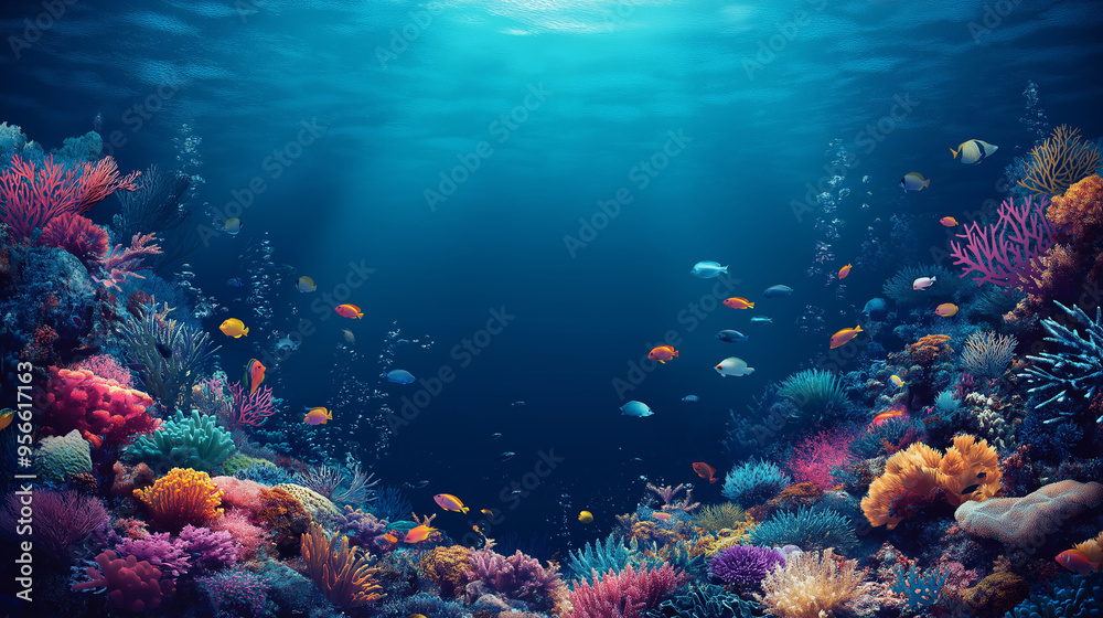 Naklejka premium Tropical Diver Exploring Colorful Coral Reef Underwater in Red Sea