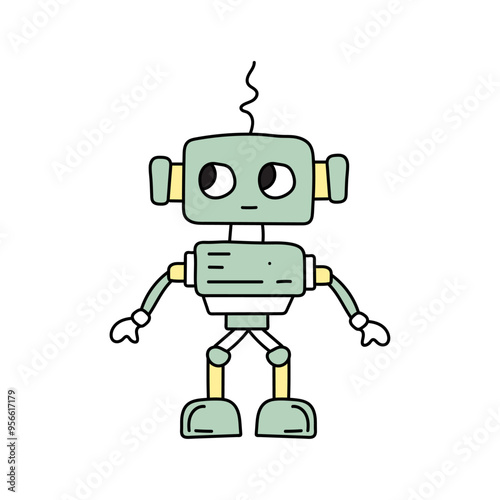 Cute robot in doodle style, childish, vector illustration