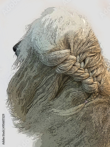 White Afghan Hound got hair braided. Dog long hair. drawing afghan hound dog