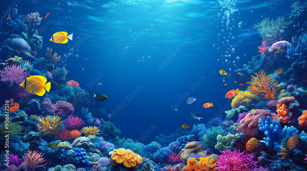 Naklejka premium Tropical Underwater Diving Adventure with Colorful Coral and Marine Life in the Red Sea