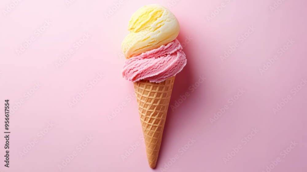 Delicious ice cream cone with pink and yellow scoops on a pink background Delicious ice cream cone with pink and yellow scoops on a pink background