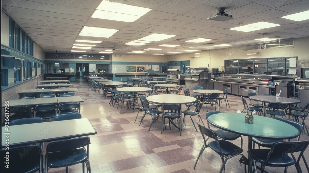 Fototapeta premium An empty classroom with desks, chairs, and a large window