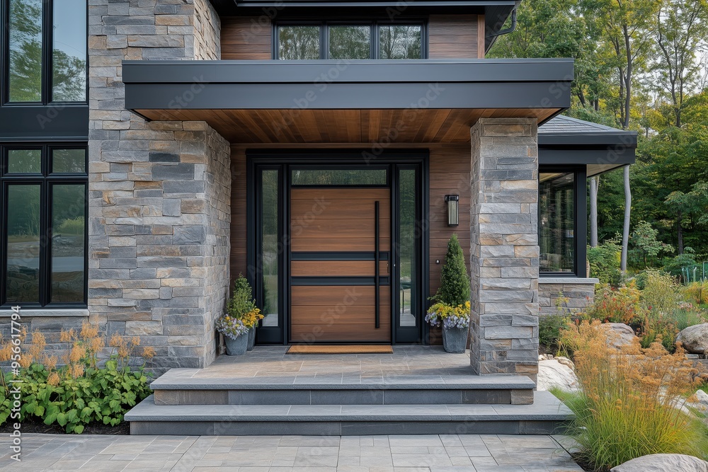 Modern entrance featuring a wooden door with stone accents and greenery on a sunny day in a residential neighborhood Modern entrance featuring a wooden door with stone accents and greenery on a sunny day in a residential neighborhood
