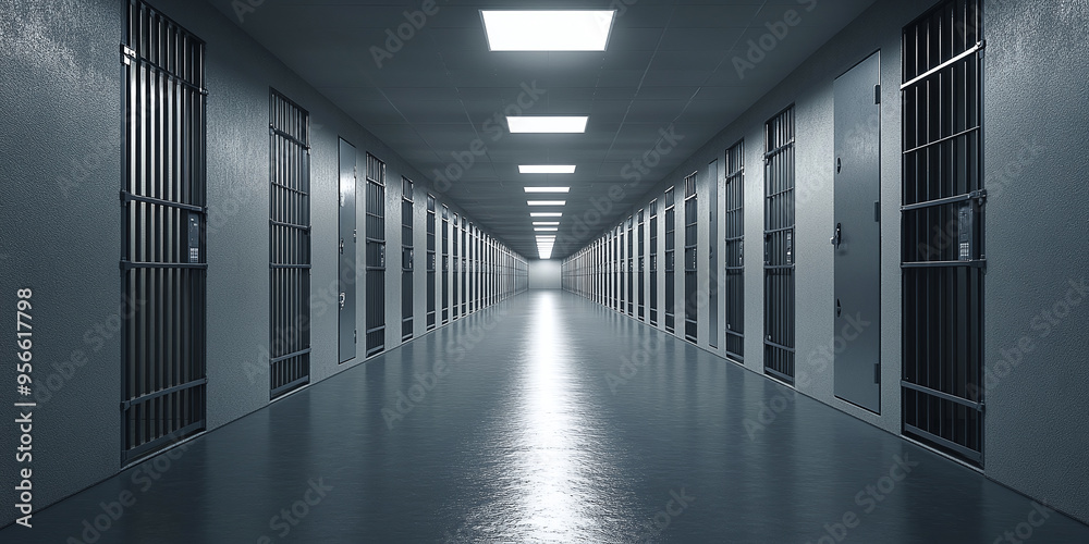 Fototapeta premium Prison corridor interior with rows of cells and locked doors illuminated by ceiling lights,
