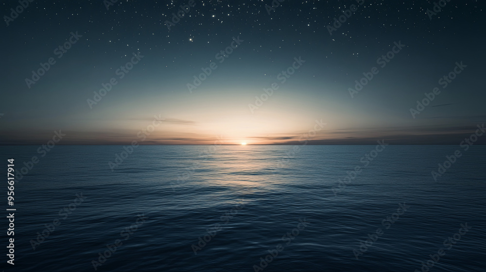 Fototapeta premium A serene twilight over the sea, with the sky transitioning from day to night, stars beginning to twinkle above the calm water.