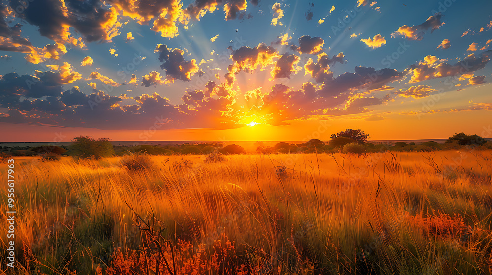 Fototapeta premium Sunrise over the savanna and grass fields in central Kruger National Park in South Africa