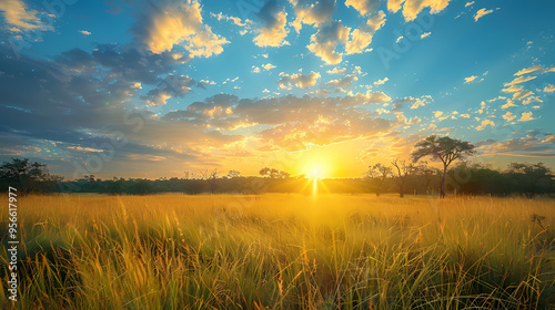 Sunrise over the savanna and grass fields in central Kruger National Park in South Africa photo