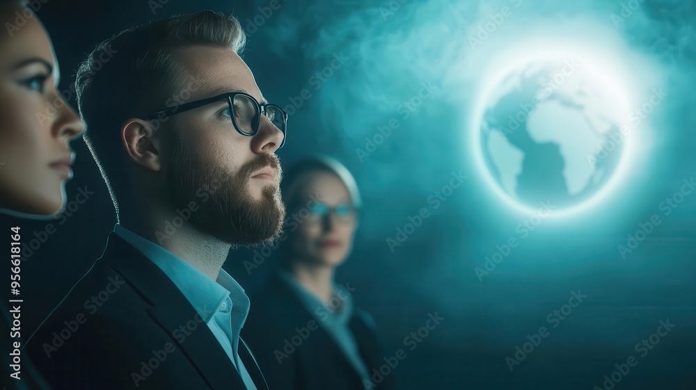 Diverse team in a modern office, strategizing around a holographic globe, pop art style, vibrant colors Diverse team in a modern office, strategizing around a holographic globe, pop art style, vibrant colors