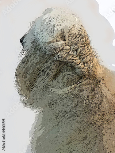 White Afghan Hound got hair braided. Dog long hair. drawing afghan hound dog