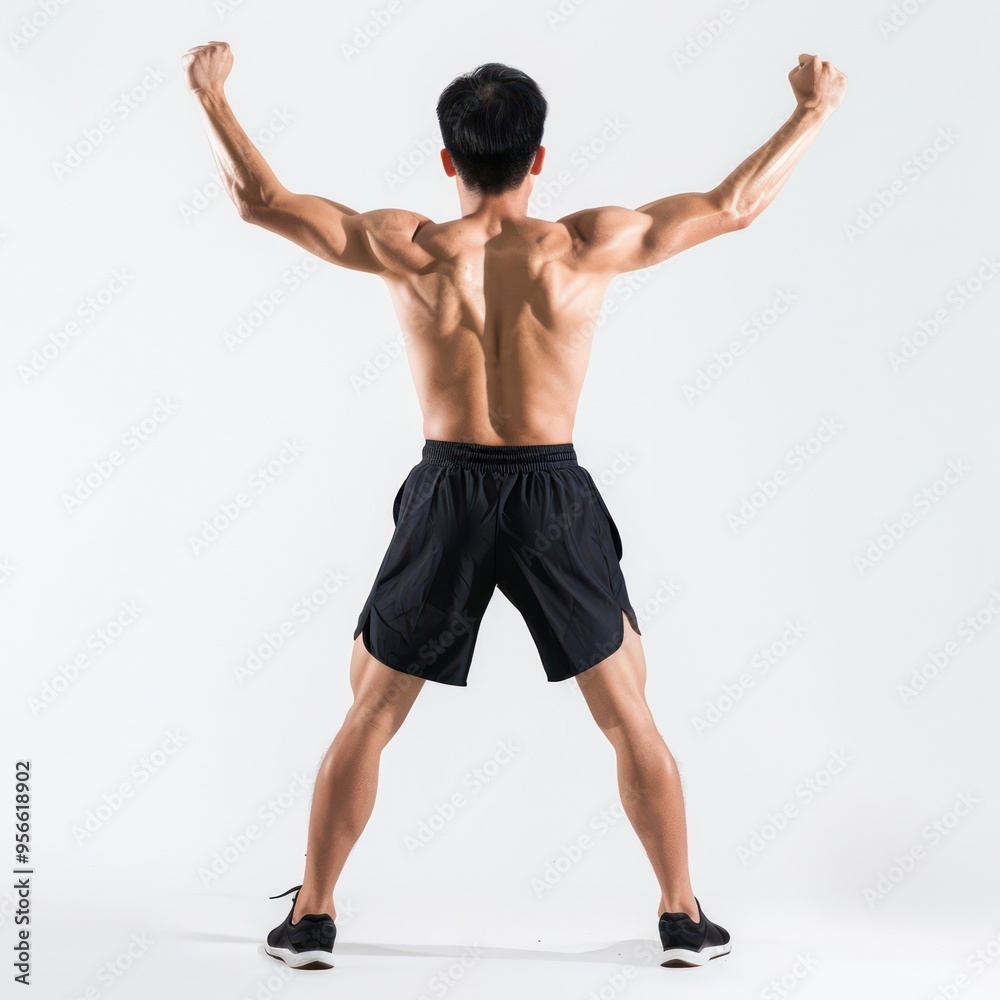 A man with a muscular body is posing with his arms raised in the air A man with a muscular body is posing with his arms raised in the air