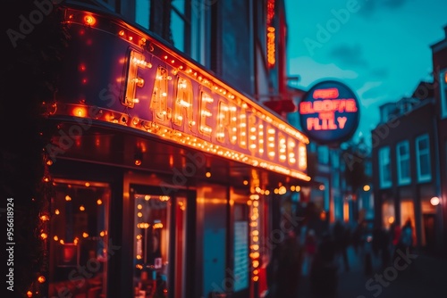 Classic Cinema Marquee at the Leiden International Film Festival with Warm Lights and a Nostalgic, Elegant Vibe