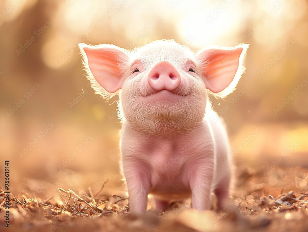 A cute little pig with its ears up and a big smile on its face. Concept of joy and happiness, as the pig appears to be enjoying its surroundings A cute little pig with its ears up and a big smile on its face. Concept of joy and happiness, as the pig appears to be enjoying its surroundings