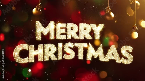 Golden christmas lettering shines against a festive backdrop filled with blurred lights and ornaments, creating a joyful and enchanting holiday ambiance