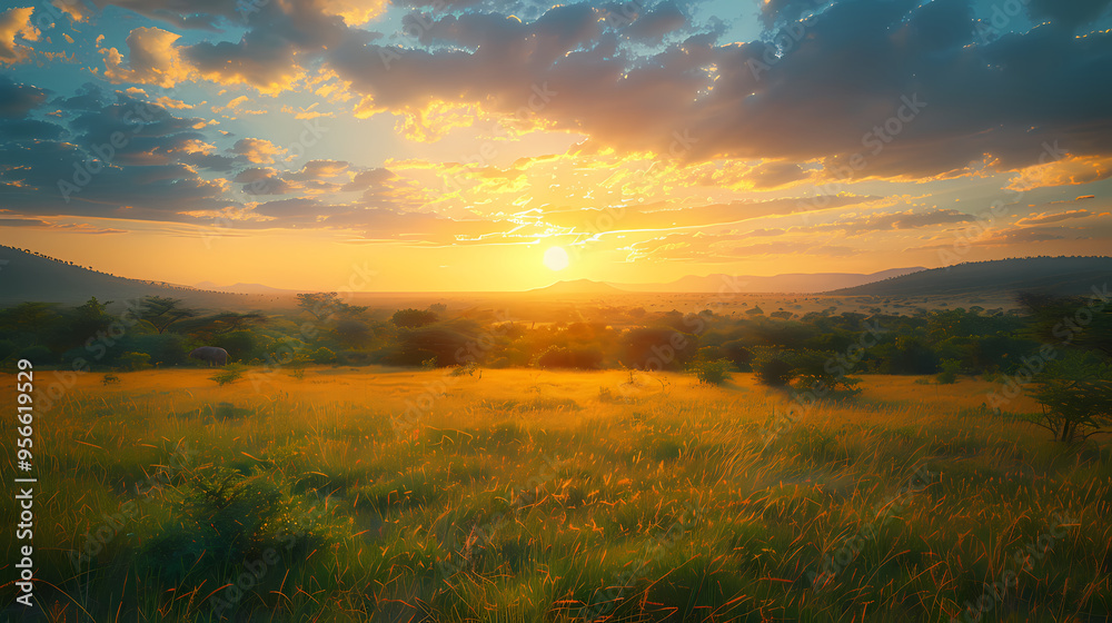 Fototapeta premium Sunrise over the savanna and grass fields in central Kruger National Park in South Africa