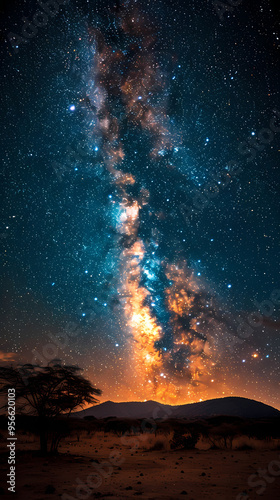 Silhouette tree in Africa with stars and the Milky Way in the background. A dark tree silhouetted against the setting sun.