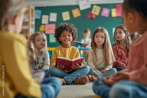 Group of Elementary School Children Reading Together in a Classroom: Learning and Education in a Diverse Classroom Setting