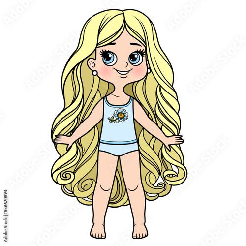 Cute cartoon long haired girl dressed in underwear with flower on a white background