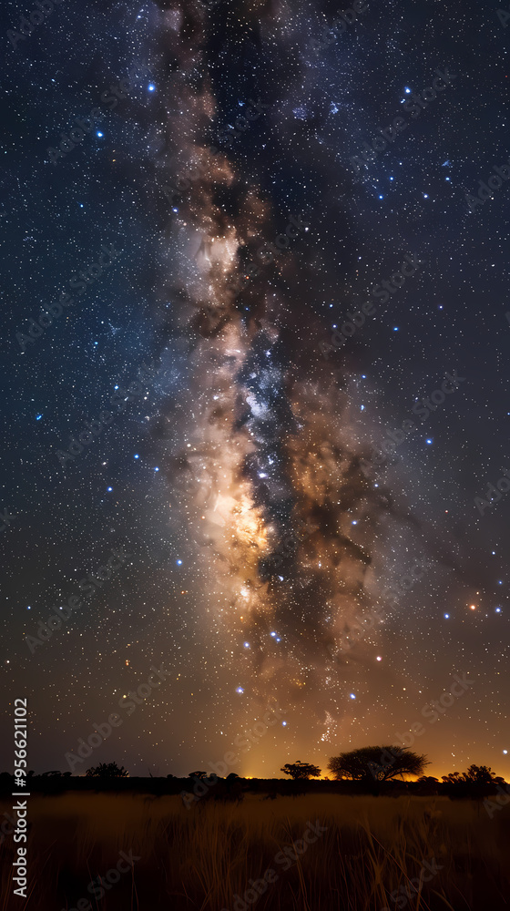 Silhouette tree in Africa with stars and the Milky Way in the background. A dark tree silhouetted against the setting sun. Silhouette tree in Africa with stars and the Milky Way in the background. A dark tree silhouetted against the setting sun.