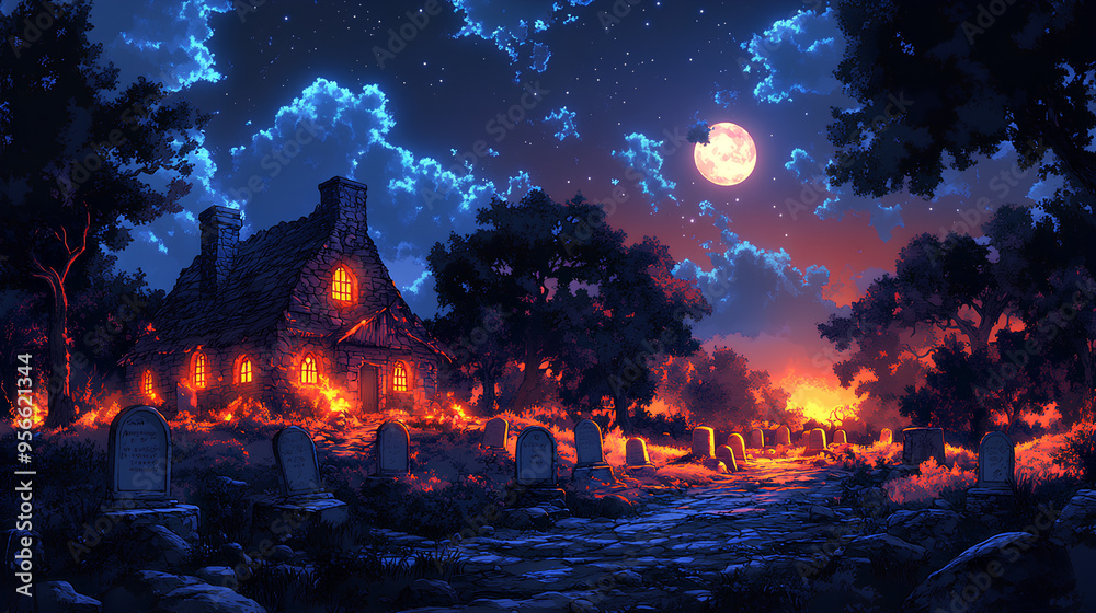 Spooky Halloween landscape with scary haunted house near stone tombs on cemetery at night. Cartoon illustration of home and graveyard in forest with trees and pathway under moonlight Spooky Halloween landscape with scary haunted house near stone tombs on cemetery at night. Cartoon illustration of home and graveyard in forest with trees and pathway under moonlight