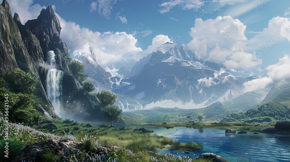 Majestic Mountain Landscape with Waterfall and Lake Majestic Mountain Landscape with Waterfall and Lake