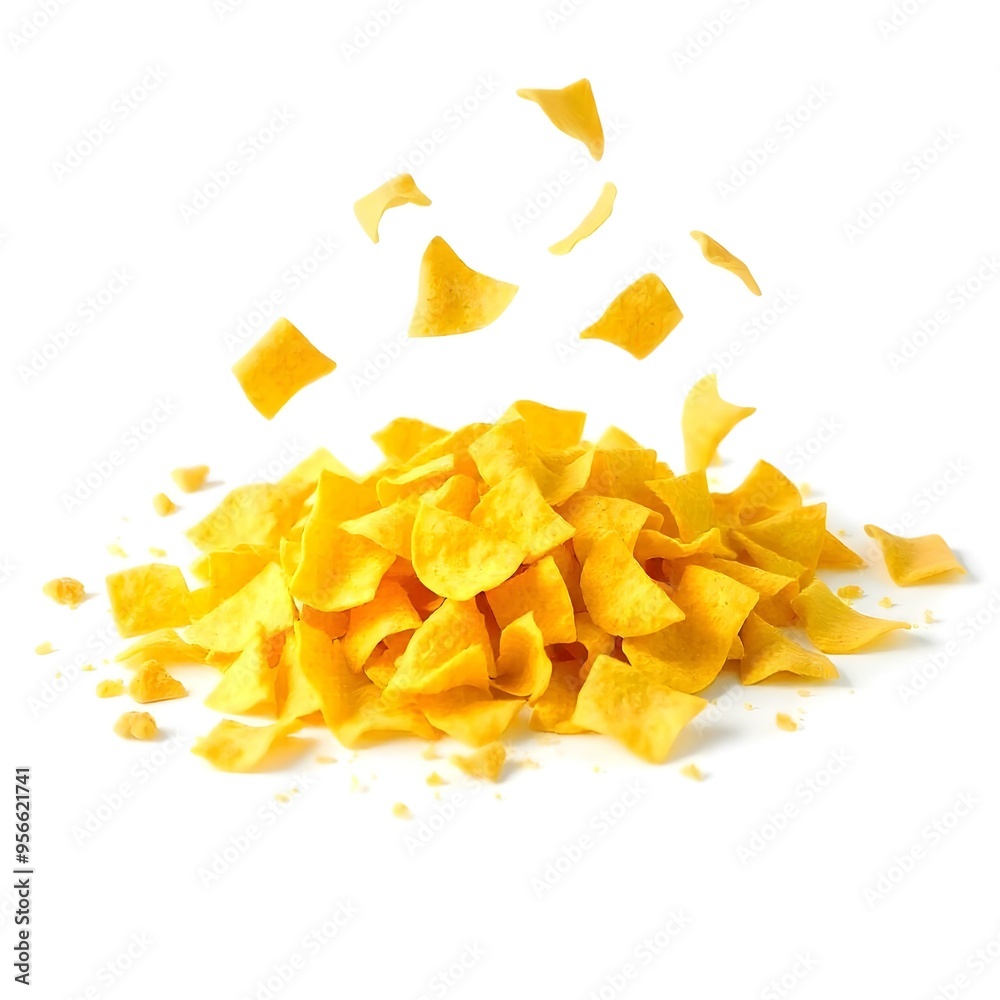 Fototapeta premium Pile tortilla chips crumbs, yellow pieces flying isolated on white background high saturation