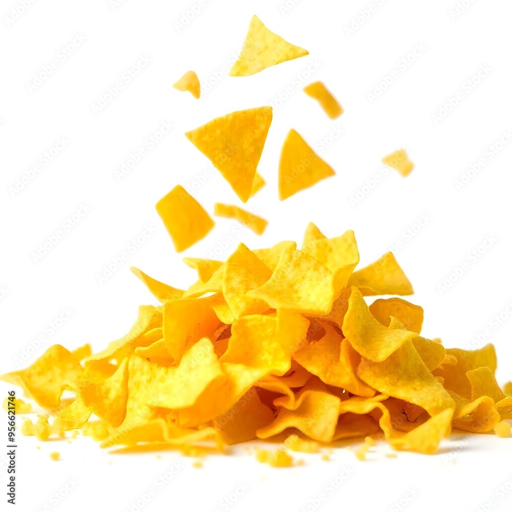 Pile tortilla chips crumbs, yellow pieces flying isolated on white background high saturation Pile tortilla chips crumbs, yellow pieces flying isolated on white background high saturation