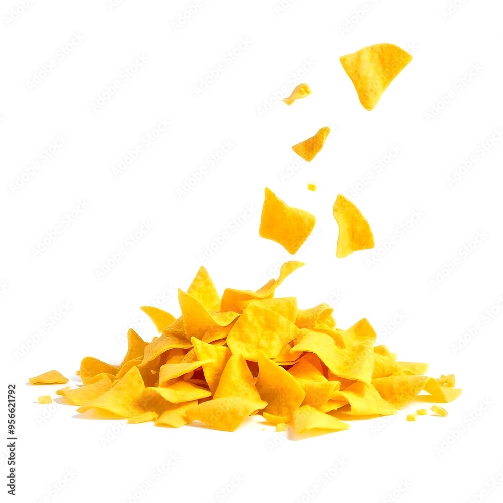 Pile tortilla chips crumbs, yellow pieces flying isolated on white background high saturation Pile tortilla chips crumbs, yellow pieces flying isolated on white background high saturation