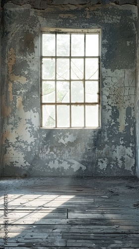 Sunlight through rustic window in abandoned building with weathered walls and wooden floor
