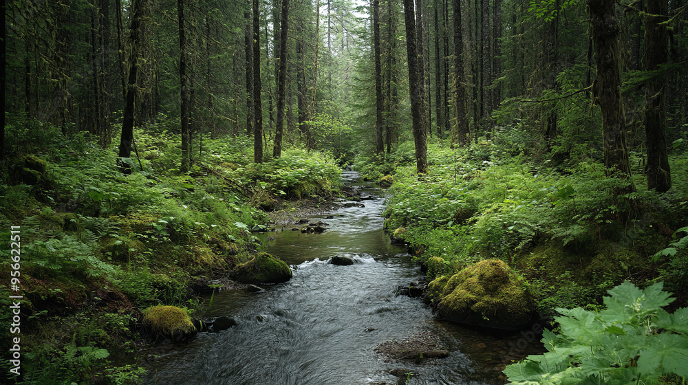 Obraz premium A narrow creek flowing through a dense forest in spring, surrounded by fresh green growth.