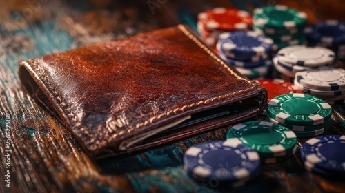 A wallet in a dramatic scene, emptied out after a night at the casino, poker chips and cards scattered around