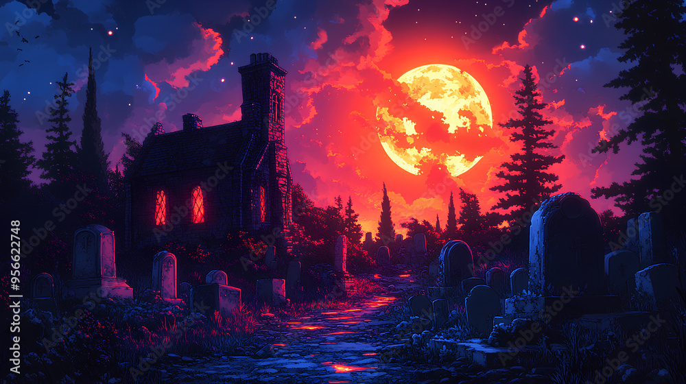 Spooky Halloween landscape with scary haunted house near stone tombs on cemetery at night. Cartoon illustration of home and graveyard in forest with trees and pathway under moonlight Spooky Halloween landscape with scary haunted house near stone tombs on cemetery at night. Cartoon illustration of home and graveyard in forest with trees and pathway under moonlight