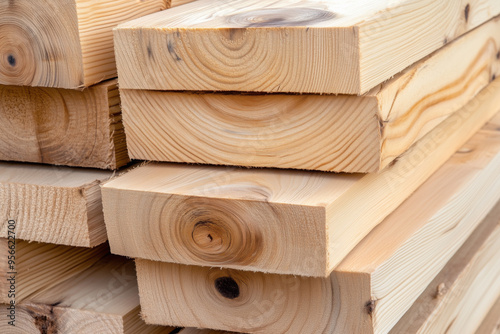 Close-up of stacked wooden planks showing natural grain patterns, ideal for construction, carpentry, or woodworking projects photo