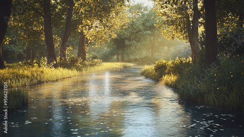 A tranquil river winding through a forest, with the water sparkling under the sunlight